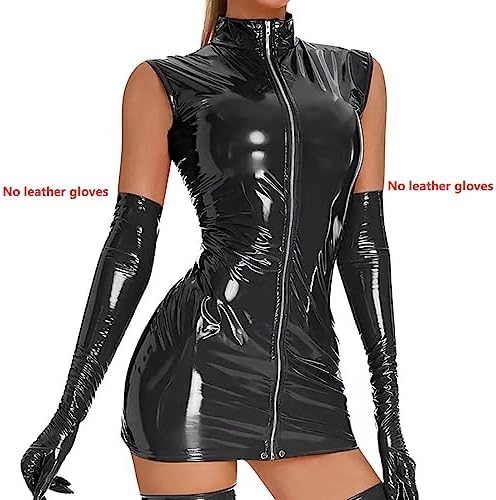 Women Sexy Tank Leather Dress, Gloves Not Included, Wetlook, Plus Size, Shiny Latex Hip Skirt