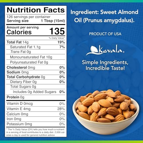 Kevala Sweet Almond Oil - Cold Pressed Almond Oil for Baking and Mixing with Essential Oils, With Mild Scent and Flavor, Nourishing and Rich in Vitamin E, Made with Selected Almonds, 64 oz, 1/2 gal