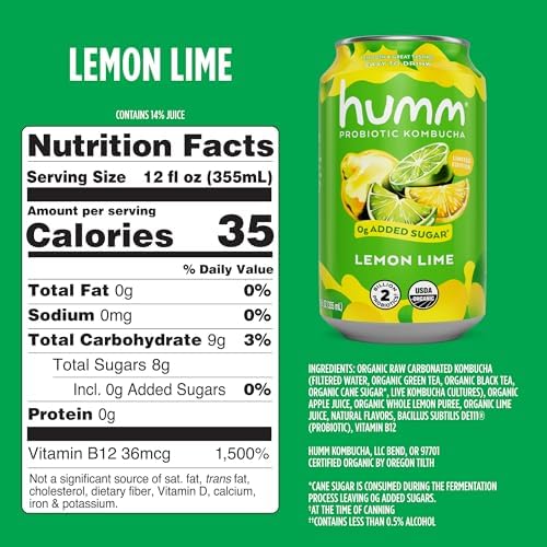 Humm Kombucha Lemon Lime, Organic, Vegan & GMO Free (12 Pack)