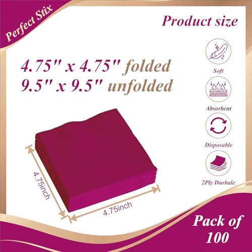 Perfect Stix - 2 Ply Burgundy-100ct 2 Ply Burgundy Napkin-100 Paper Cocktail Beverage Napkins, 2-Ply, Burgundy (Pack of 100)