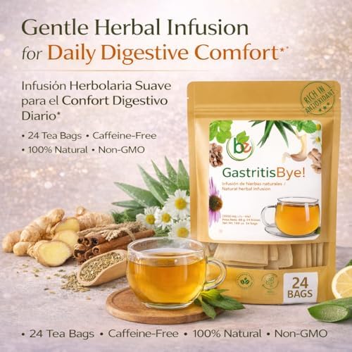 Gastritis-BYE Herbal Tea – Herbal Infusion for Digestive Comfort – 24 Tea Bags – Ginger, Chamomile, Boldo, Aloe Vera, Mint, Arnica & Cuachalalate – 100% Natural, Non-GMO, Caffeine-Free