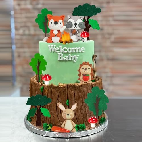 Woodland Animals Cake Topper with Fox Raccoon Hedgehog Rabbit Mushroom for Woodland Themed Birthday