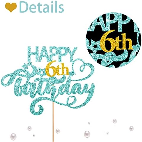 Sky Blue Glitter Happy 6th Birthday Cake Topper, 6.3" x 3.5" Cardboard & Wooden Stick, 1 Pre-Packaged, Perfect for Birthday Parties