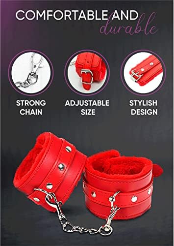 Fluffy Handcuffs with Chain and Soft Satin Eye Mask 59", Valentine's Day Gift, Adjustable Plush Padded Cuffs for Grownups Bedroom, Red, 2pcs Set