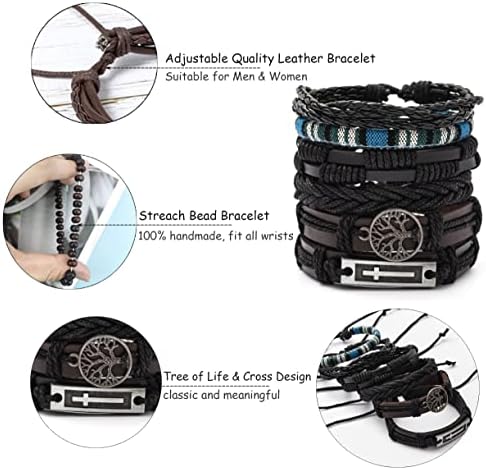 FIRAZIO 27Pcs Braided Leather Bracelets for Men Women Wrap Wood Beads Cuff Bracelet Hemp Cords Ethnic Tribal Handmade Wrap Wristband Bracelets Set Adjustable