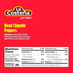 La Costeña Chipotle Peppers - Spicy Smoked Diced Peppers for Chipotle Sauce, Adobo Sauce, Mexican Food, Taco, Enchiladas & Salsa - Pickled Vegetables - Diced Chilis - 8.11oz, 12 Pack Jarred Vegetables