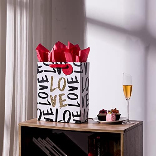 SUNCOLOR Large Valentine's Day Gift Bag with Tissue Paper, Black and Gold Love Design, 13 x 10.2 x 4.7 Inches, for Birthday, Mother's Day