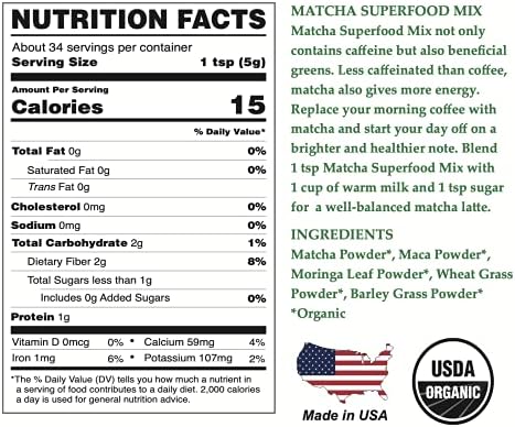 Cherie Sweet Heart Matcha Powder Green Superfood Mix, Non-GMO Mixed Greens, Plant Based, Focus & Energy, Organic Green Tea Powder, Natural Caffeine Drink Mix (6oz, 34 Servings) (Packaging May Vary)