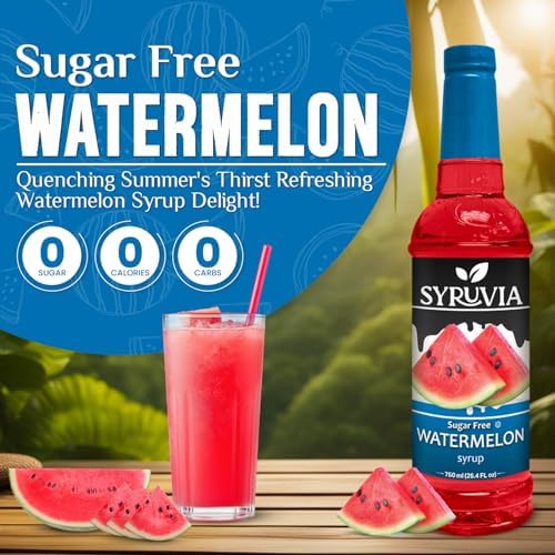 Syruvia Sugar-Free Watermelon Syrup, Flavored Syrup for Drinks, Cocktails, Lemonades, Iced Teas, and Desserts – 25.4 fl oz