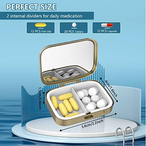 Pill Case Pill Box with Mirror Retro 2 Compartment Small Pill Case for Purse or Pocket Bronze Rectangular Pill Box or Vitamins, Fish Oil, Supplements, Pill Containe Travel Gifts（Marble Paint）