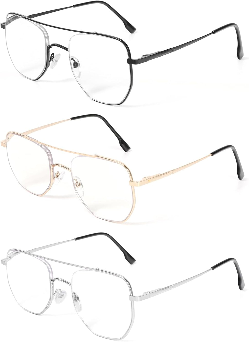MMOWW 3 Pack Aviator Reading Glasses for Women Men Double Bridge Metal Frame Spring Hinges Blue Light Blocking Readers