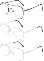 MMOWW 3 Pack Aviator Reading Glasses for Women Men Double Bridge Metal Frame Spring Hinges Blue Light Blocking Readers