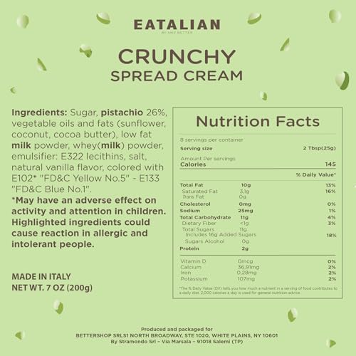 EATALIAN by AMZ BETTER Spreadable Crunchy Pistachio Cream 7 oz/200 gr, Pistachio Cream with Grains, Protein Paste, Sweet Taste, Ideal for Filling Cakes, Excellent for Dubai Chocolate, Made in Italy