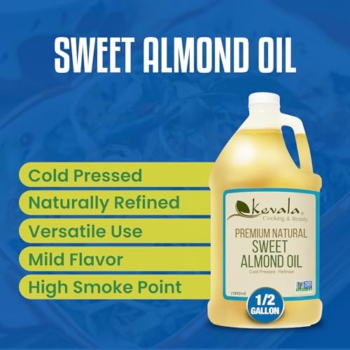 Kevala Sweet Almond Oil - Cold Pressed Almond Oil for Baking and Mixing with Essential Oils, With Mild Scent and Flavor, Nourishing and Rich in Vitamin E, Made with Selected Almonds, 64 oz, 1/2 gal