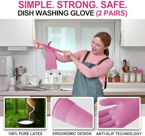 DABOGOSA Mamison 2 Pairs Reusable Waterproof Household Dishwashing Cleaning Rubber Gloves, Non-Slip Kitchen Glove (Pink, Large (Pack of 2))