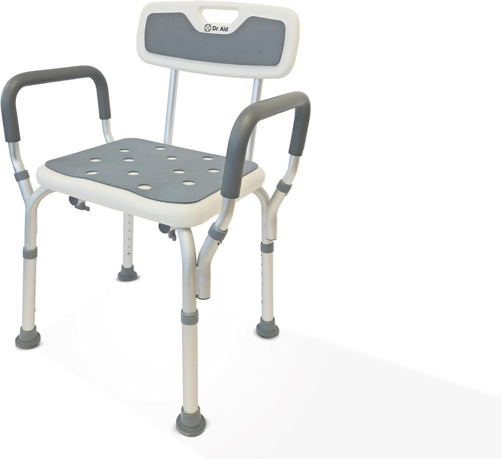 Dr. Aid Shower Chair for Inside Shower - 400 lbs, 6-Height Adjustable Shower Bench with Arms & Back for Adults, Seniors & Disabled - Tool-Free Assembly, Anti-Slip Bathroom Seat for Tub & Small Showers