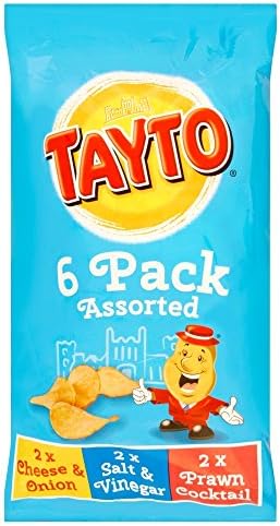 Tayto Irish Assorted Crisps - 6 Pack (6 X 25g Bags) - 2 Cheese & Onion, 2 Salt & Vinegar, 2 Prawn Cocktail