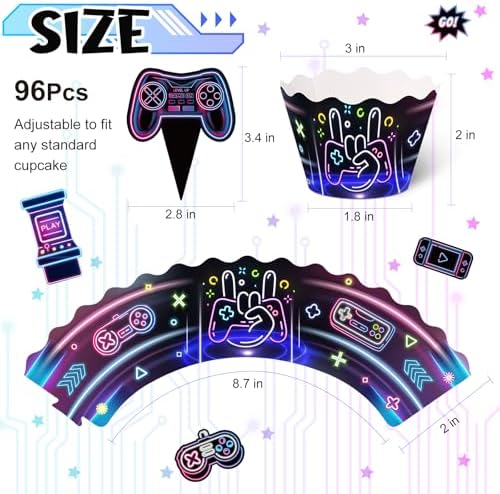 Nuenen 96 Pcs Video Game Cupcake Topper Decoration Gaming Game on Controllers Cupcake Picks Gamepad Cake Decorations for Boys Gamer Birthday Anniversary Party (Neon)
