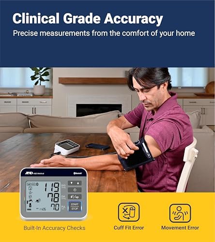 A&D Medical Precision Check BP Monitor, Home Use with Bluetooth UA-810BLE – Wide-Range Cuff (8.6-16.5"), 2 Users, Backlit LCD, Illuminated Buttons, iOS & Android Compatible, AC Adapter & Carrying Bag