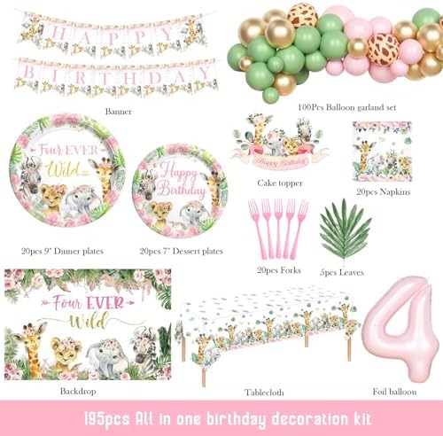 Four Ever Wild Birthday Decorations Girl, Safari 4th Birthday Decoration, Jungle Animal 4 Year Old Wild Birthday Supplies Backdrop Balloon Banner Tablecloth Cake Topper Plates Napkins Forks