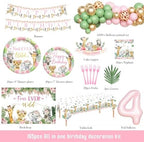 Four Ever Wild Birthday Decorations Girl, Safari 4th Birthday Decoration, Jungle Animal 4 Year Old Wild Birthday Supplies Backdrop Balloon Banner Tablecloth Cake Topper Plates Napkins Forks