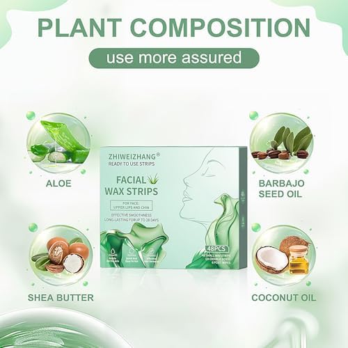 48 PCS Facial Wax Strips for Hair Removal on Face & Body | Gentle Aloe Vera Extract Formula for Sensitive Skin | At-Home Waxing Kit for Eyebrows, Upper Lip, Bikini, Brazilian with 6 Calming Oil Wipes