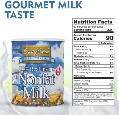 Country Cream 100% Real Instant Nonfat Powdered Milk 2.8 Lb Pantry Staple Dry Milk powder for Baking, Drinking & Coffee Substitute For Liquid Milk Rich in Protein Shelf Stable Made in USA Pack of 1
