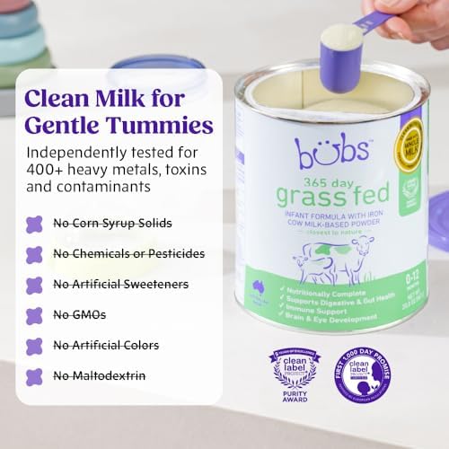 Bubs 365 Day Grass Fed Infant Formula with Iron, Cow Milk-Based Powder for Infants 0-12 Months, Made with Non-GMO Milk, 20 oz