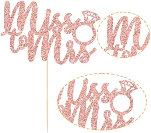 1Pc Miss to Mrs Cake Topper Rose Gold Glitter Wedding Bridal Shower with Ring Cake Decorations for Bridal Shower Wedding Engagement Bachelorette Party Supplies