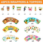 48PCS Hawaiian Themed Birthday Party Decorations | 24PCS Cupcake Toppers & 24PCS Cupcake Wrappers Party Favors Supplies Luau Hawaii Aloha Centerpiece Table Gifts for Boys Girls Carnival Prizes