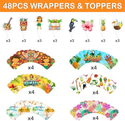 48PCS Hawaiian Themed Birthday Party Decorations | 24PCS Cupcake Toppers & 24PCS Cupcake Wrappers Party Favors Supplies Luau Hawaii Aloha Centerpiece Table Gifts for Boys Girls Carnival Prizes
