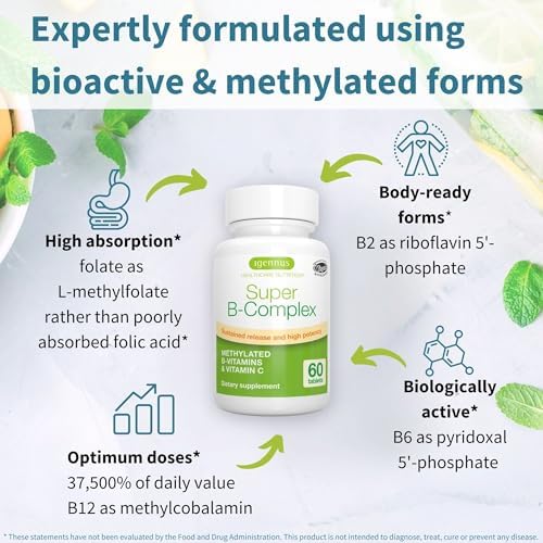 Igennus Super B-Complex Methylated B Vitamins - Sustained Release, Clean Label & High Absorption, with 5-MTHF Folate & Methyl B12, Energy, Mood & Cognitive Performance, Lab Verified, 180 Small Tablets