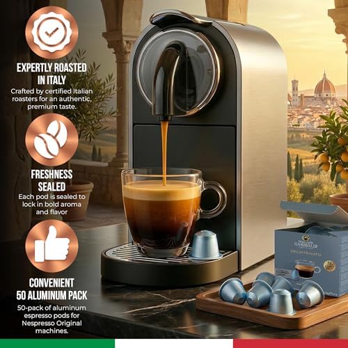 Gran Caffè Garibaldi Decaffeinated Espresso Pods, Italian Roast Coffee, Decaf Capsules Compatible with Nespresso Original Line Machines, Nitrogen Flushed, Intense & Rich Aroma - Decaffeinato (Aluminum) 50 Cups