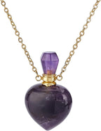 PH PandaHall Natural Amethyst Perfume Bottle Necklace, Heart Shape Essential Oil Diffuser Bottle Real Amethyst Crystal Stone Necklace Golden Chain for Women Jewelry, Purple, 1 Piece