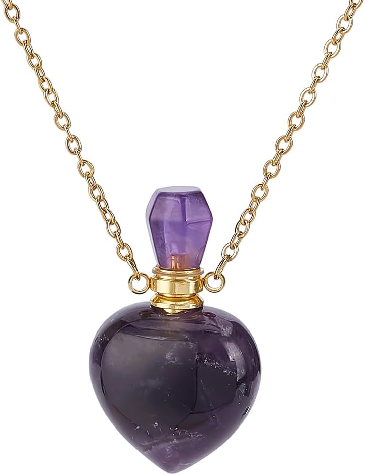 PH PandaHall Natural Amethyst Perfume Bottle Necklace, Heart Shape Essential Oil Diffuser Bottle Real Amethyst Crystal Stone Necklace Golden Chain for Women Jewelry, Purple, 1 Piece
