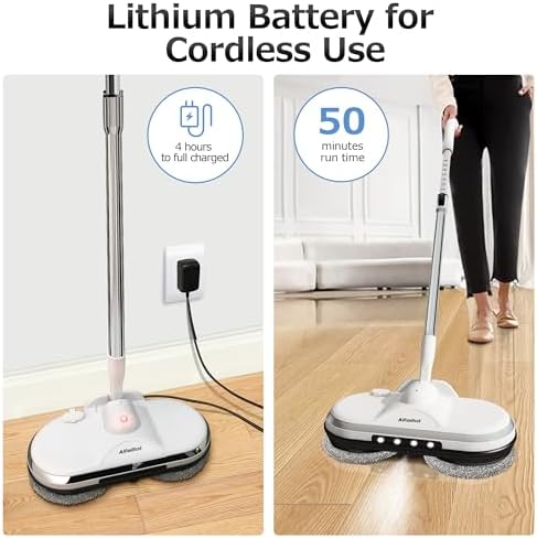 Electric Mop, AlfaBot WS-24 Cordless Spin Mop for Floor Cleaning, Lightweight & Rechargeable Floor Cleaner with Water Sprayer and LED Headlight for Hardwood and Tile Floors, White