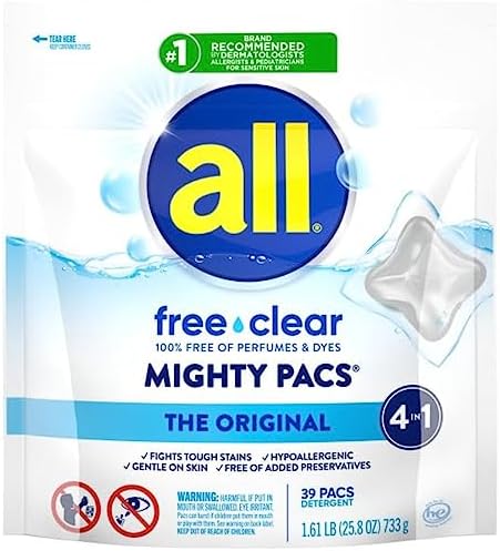 all free clear, Original, MIGHTY PACS Laundry Detergent Pacs for Sensitive Skin, Unscented and Hypoallergenic, 39 Count