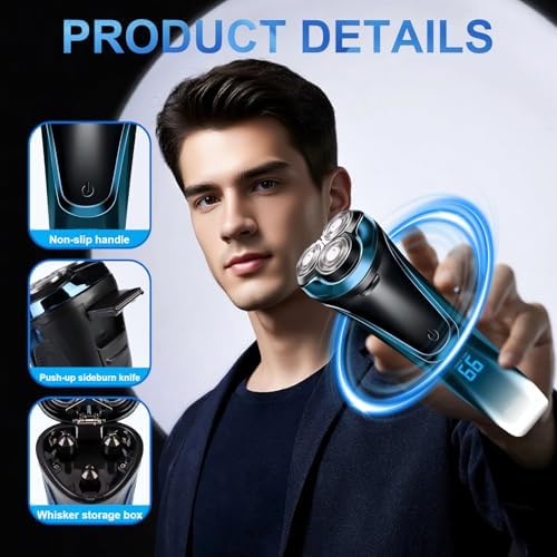 Snapbuy Electric Razor for Men, 2026 New Electric Shavers, Snapbuy Razor,Ipx7 Waterproof,4D Floating Head Rotary Shaver,with LCD Display & Quiet Motor (Blue)