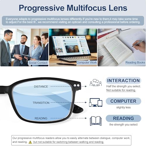 EASY READ TR90 Progressive Multifocal Reading Glasses for Men,Rectangular Blue Light Blocking Readers with Spring Hinge