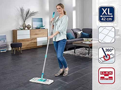 Leifheit Profi XL Cotton Plus Flat Mop with 146 cm Handle, 42 cm Large Flat Floor Mop Head, 360° Universal Joint for Easy Steering, Highly Absorbent, for Stone and Tile Floors