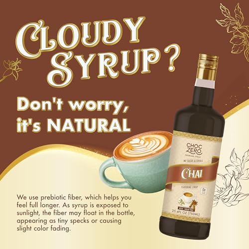 ChocZero Chai Flavoring Syrup, Sugar Free, Monk Fruit Sweetened, Prebiotic Fiber, Keto, Gluten Free, Vegan, No Sugar Alcohols – 25.4 Fluid Ounces