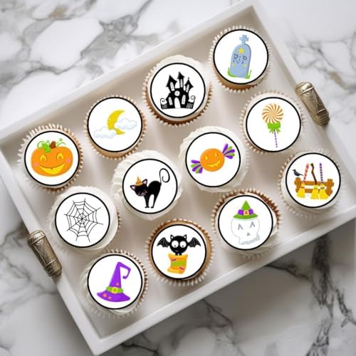 Cute Halloween Edible Cupcake Toppers Halloween Baby Shower Decorations, Wafer Pumpkin Edible Cake Decorations, Spooky Cake Toppers - 24 x 1.5 Inch 4cm Uncut Theme 5