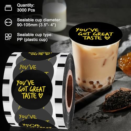 JIAWANSHUN Tea Cup Sealer Film Roll Cup Sealing Film PP Plastic Sealing Film 3000pcs Roll for Plastic Cup 90-105mm (3.55"- 4")
