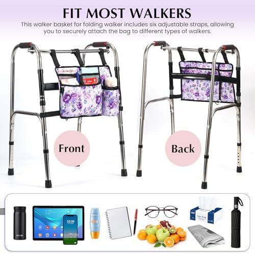 Walker Accessories for Folding Bag Walker Seniors Organizer Storage Pouch Cup Holder Carry with Pockets Detachable -Purple Flower