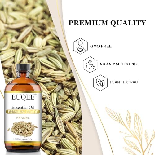 EUQEE Fennel Essential Oil 4Fl.Oz Pure Fennel Oil with Glass Dropper for Skin, Aromatherapy, Diffuser, Soap Making, Candle Making - 118ml