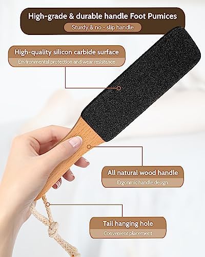 Pumice Stone Foot File, 4pcs Set Callus Remover for Feet with Wooden Handle, Pedicure Foot Scrubber to Remove Dead Skin, Dry, Rough, Corns Skin Scraper