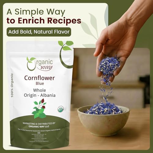 Organic Way Premium Cornflower Blue Whole (Centaurea Cyanus) - Herbal Tea | European Wild-Harvest | USDA & Kosher Certified | Vegan, Non GMO & Gluten Free | Origin - Albania (8 Oz)