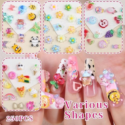 250Pcs 3D Kawaii Nail Charms Kit, Mixed Cartoon Candy Animal Fruit Resin Charms Flatback Gummy Bear Slime Charms Cute Star Heart Butterfly Daisy Flower Nail Supplies for Nails Phone Cases DIY Crafts