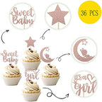 36 PCS Baby Shower Girl Cupcake Toppers with Moon Glitter Star It's a Girl Sweet Baby Gender Reveal Cupcake Picks Baby Shower Kids Girls Birthday Party Cake Decorations Supplies Rose Gold