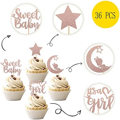 36 PCS Baby Shower Girl Cupcake Toppers with Moon Glitter Star It's a Girl Sweet Baby Gender Reveal Cupcake Picks Baby Shower Kids Girls Birthday Party Cake Decorations Supplies Rose Gold